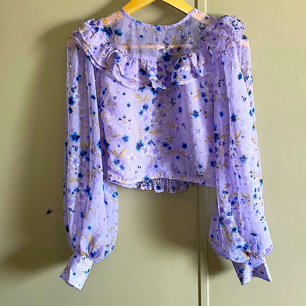 Pastel purple flower print blouse.